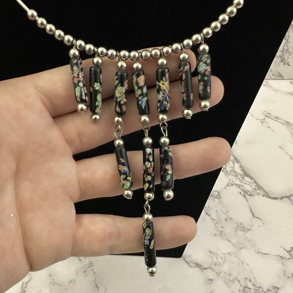 Vintage Y2k Silver Black Choker Necklace Floral Clay Beads Metal Ring Bib - Picture 3 of 4